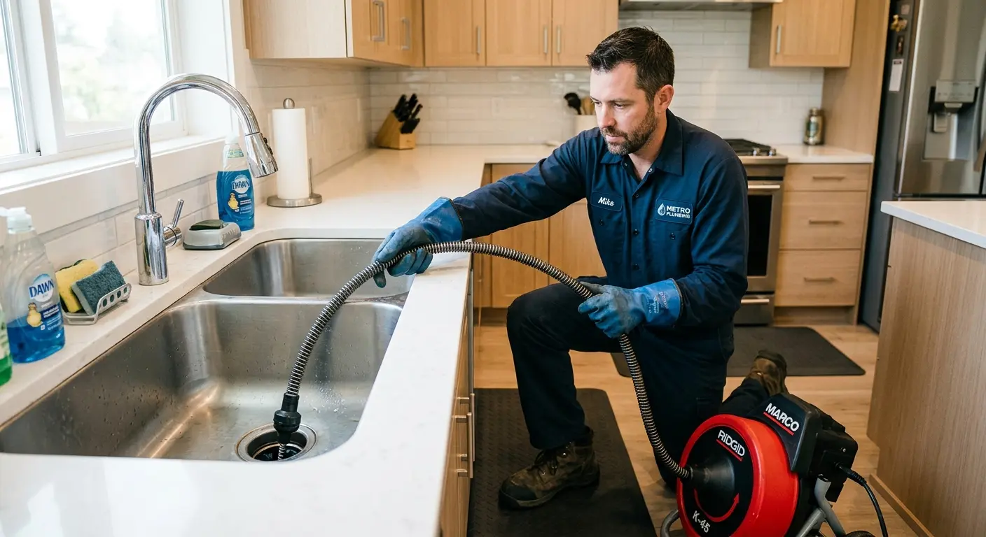Drain cleaning technician using a motorized snake on a kitchen sink in Bruce
