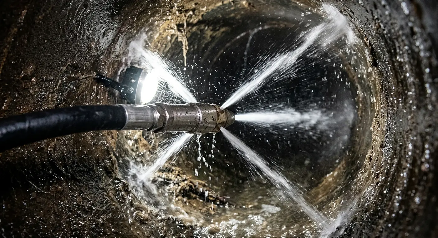 High-pressure hydro jetting nozzle cleaning sewer pipe for Emergency Drain Service in Bruce