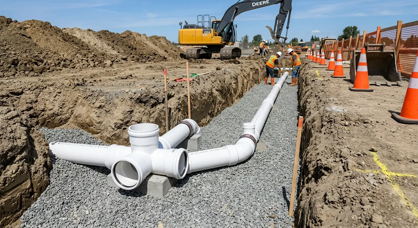 New PVC sewer pipe installation in open trench for Sewer Backup in Bruce