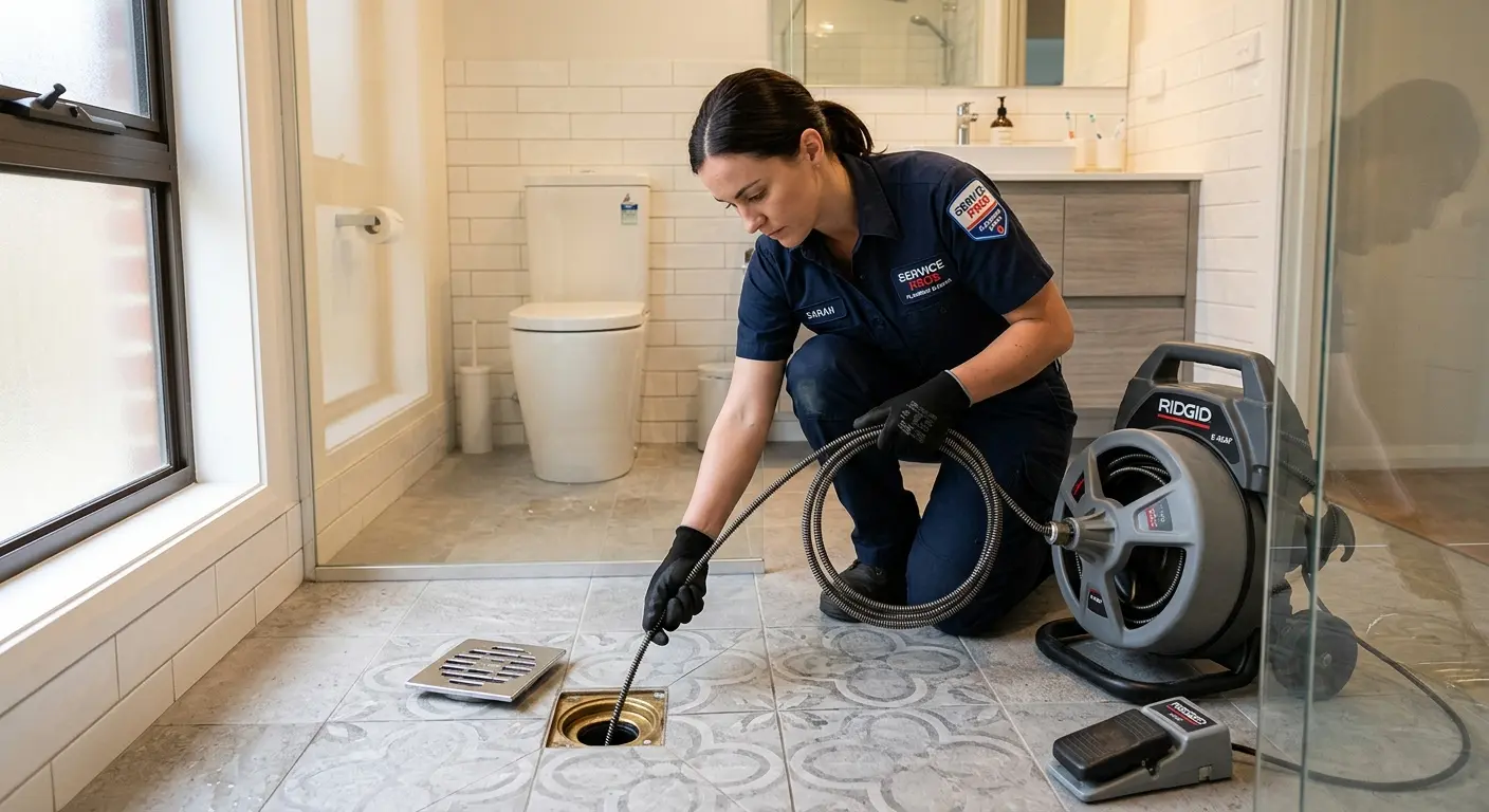 Technician clearing a bathroom floor drain for Hydro Jetting in Bruce
